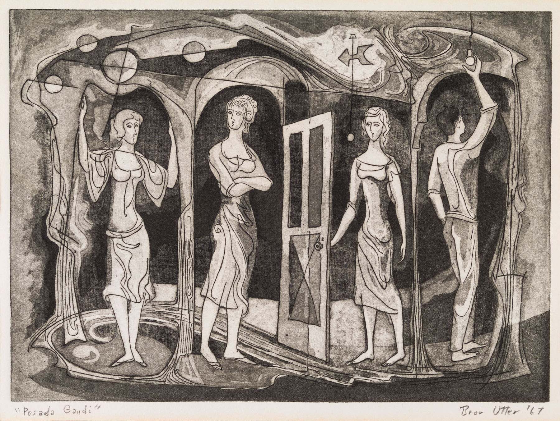 Black-and-white print of four human figures standing in an abstracted interior setting.