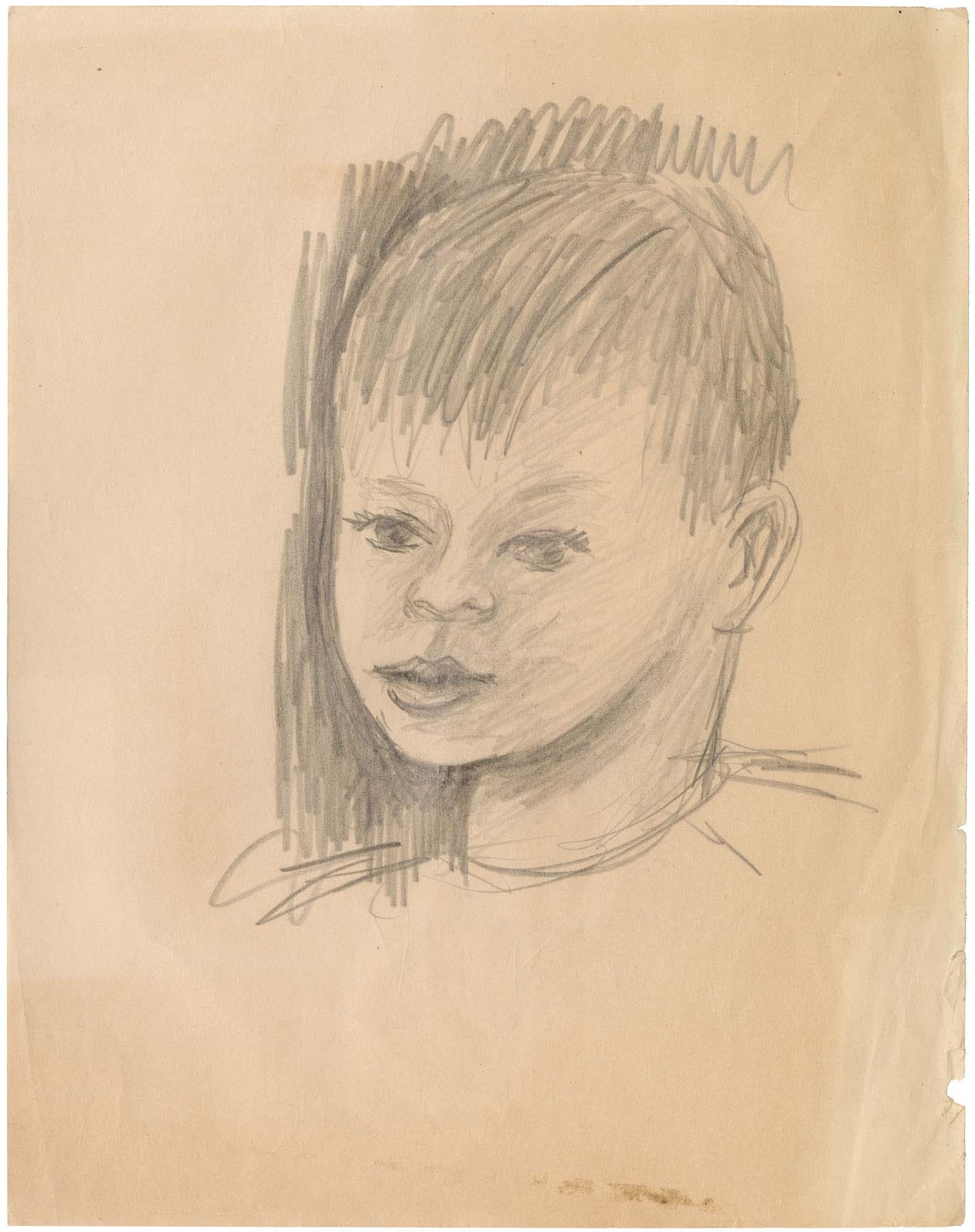 A pencil-drawn portrait of a child, Karl Williams.