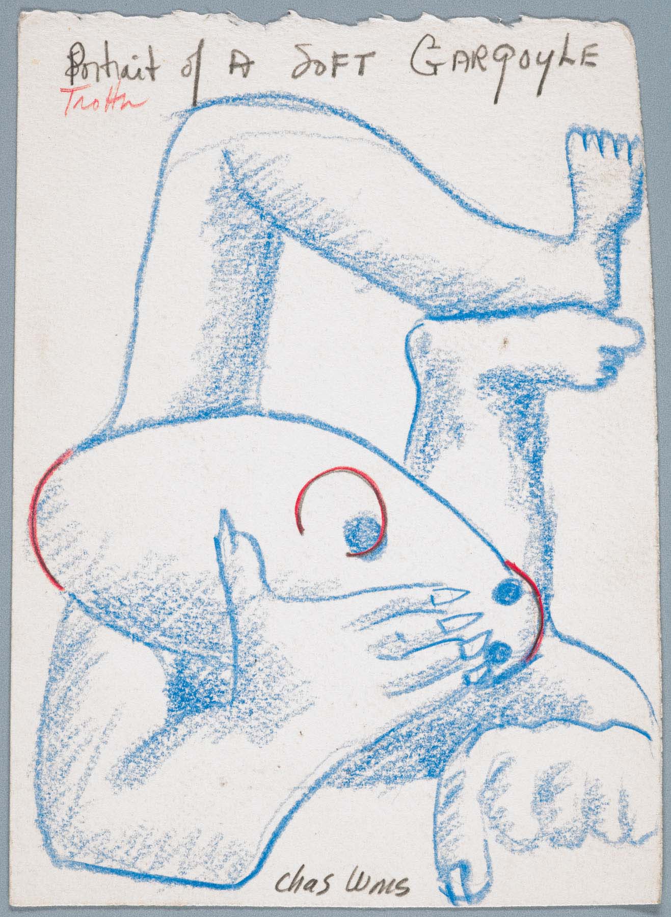 Drawing of a blue human-like figure laying with its legs in the air and its head in its hand with the words “Portrait of a soft gargoyle” at the top.