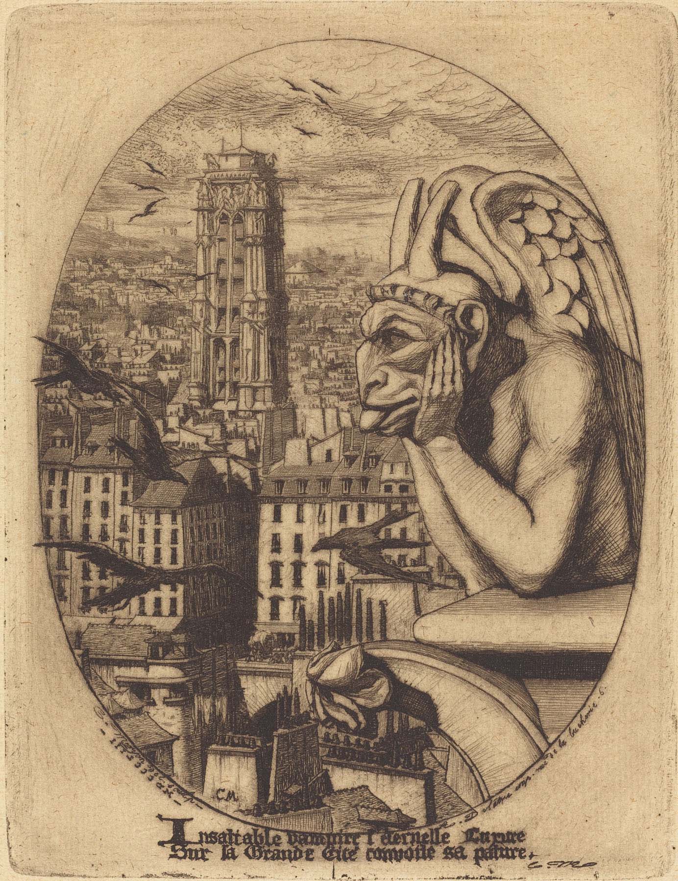 Print of a gargoyle mounted on a building with its head in its hands and sticking out its tongue, with a cityscape and flying birds in the background.
