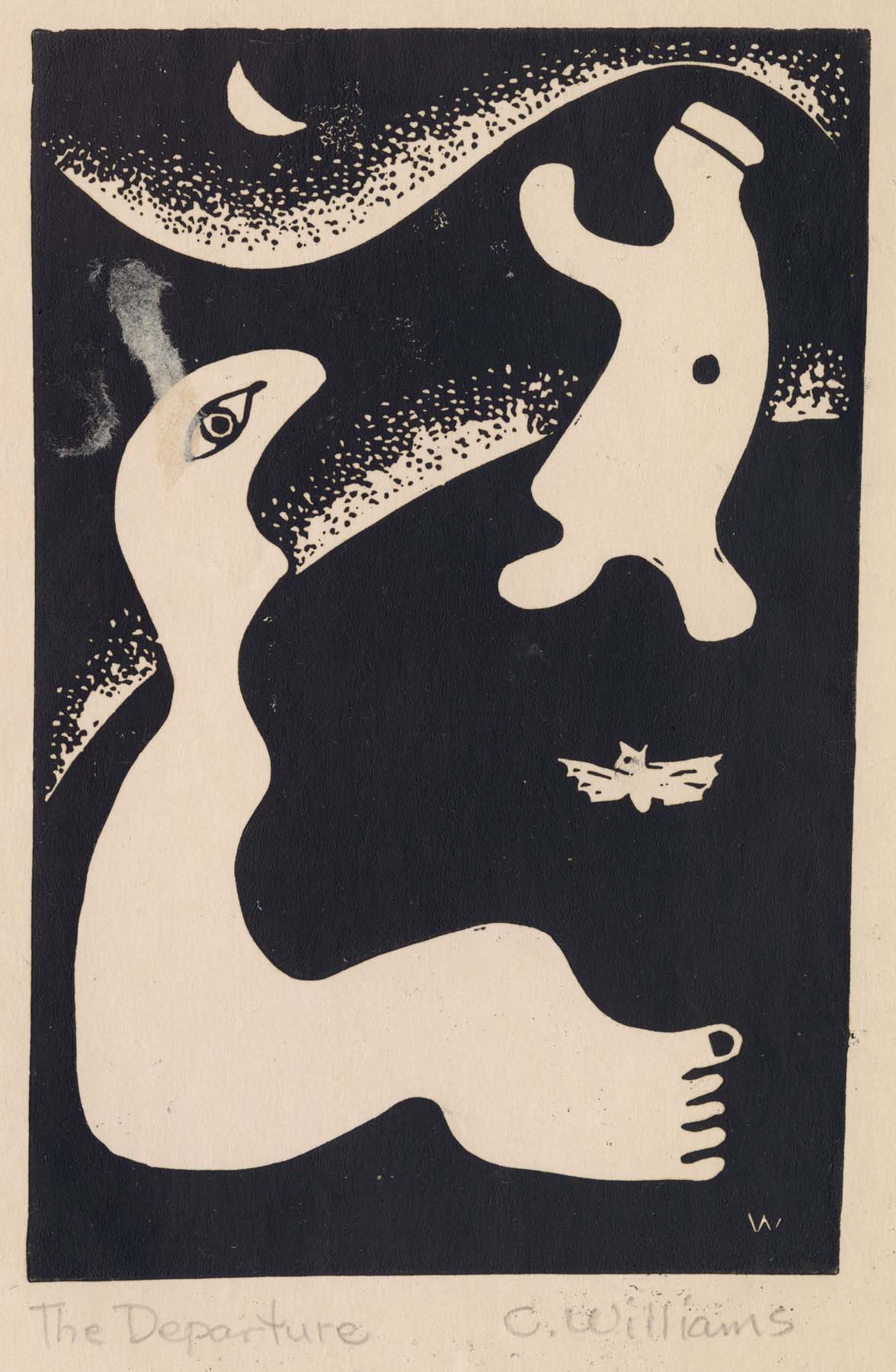 A black-and-white print of an abstract seated figure, a bat, and a standing figure under a crescent moon.