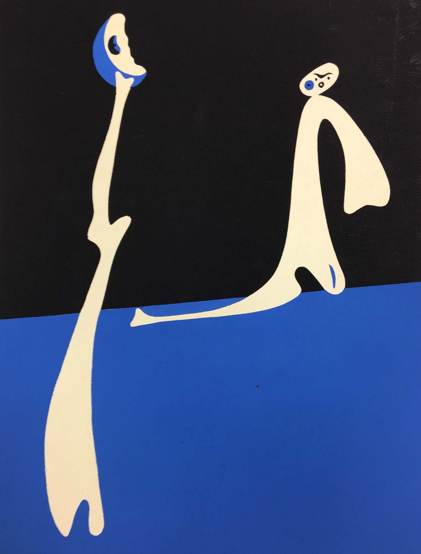 A prodominently blue, black, and white painting of two abstract, human-like figures in a portrait orientation.