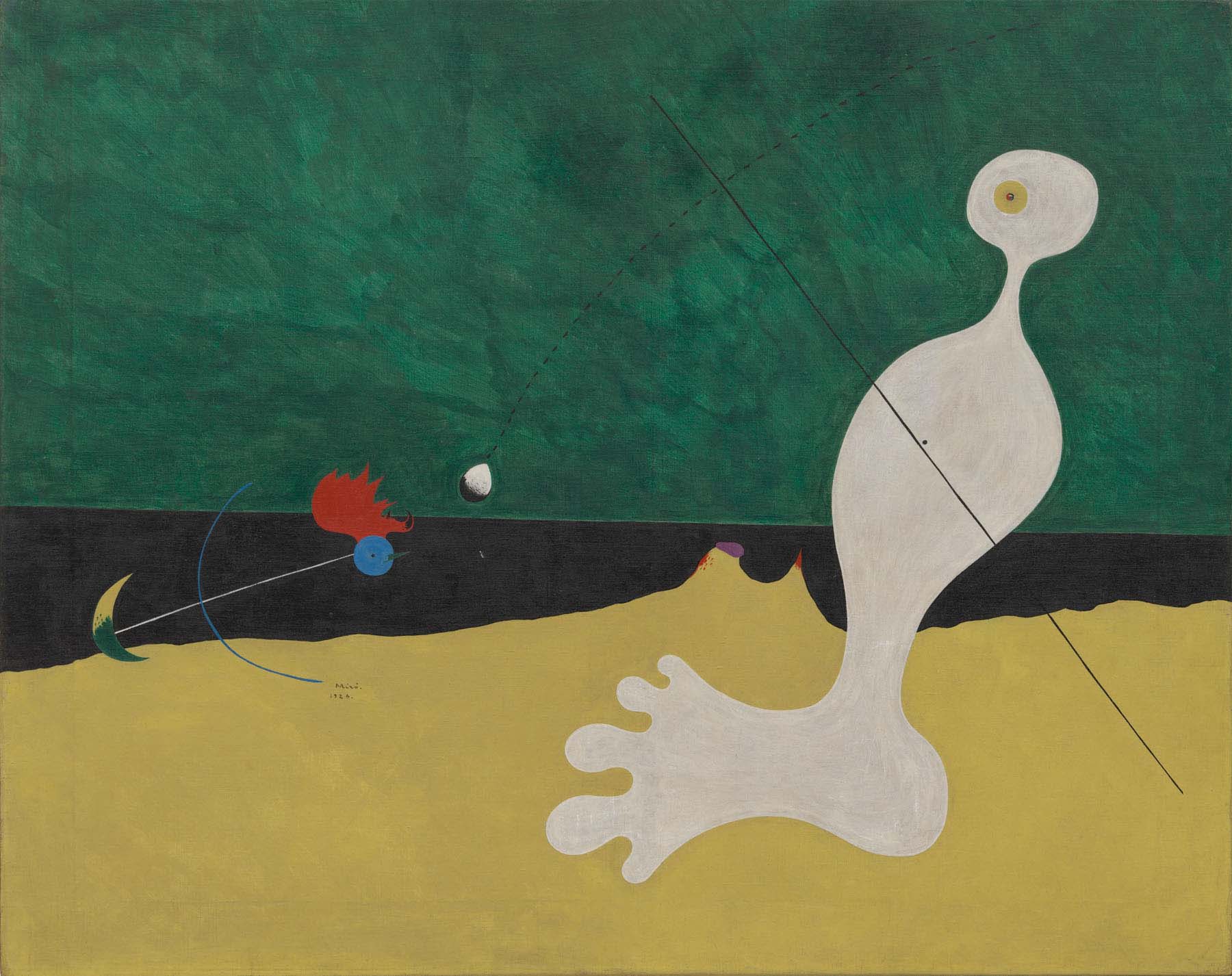 An abstract painting with large fields of green, black, and yellow, a white human-like figure with one foot, and a small blue and red creature.