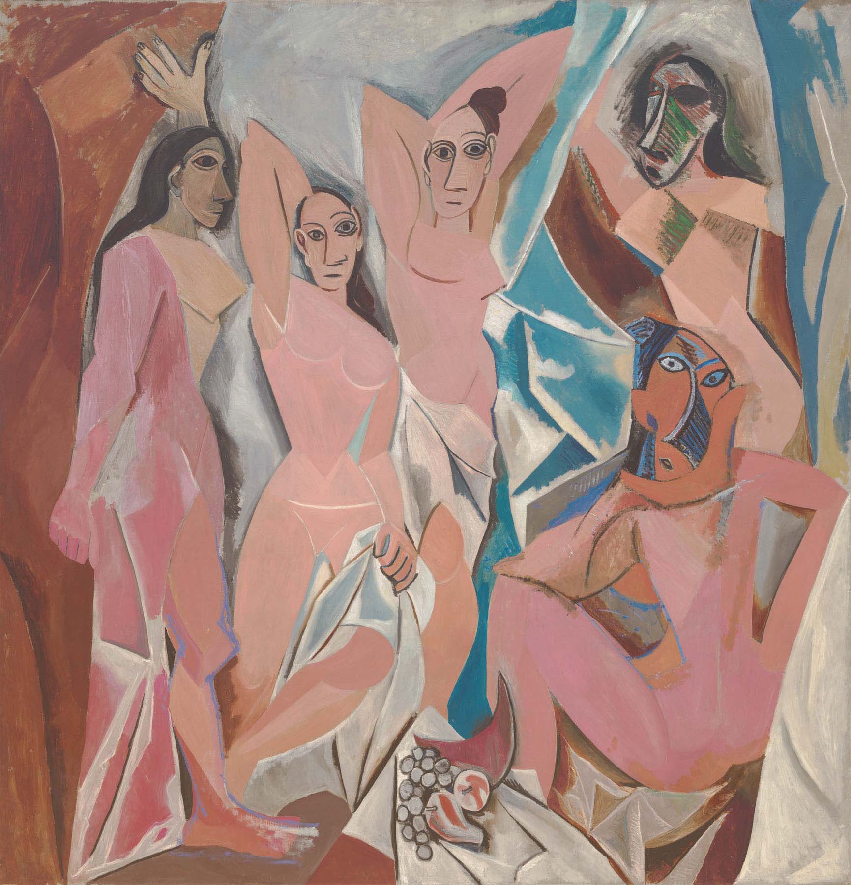 An abstract painting of five nude women depicted in sharp angles with mask-like faces.