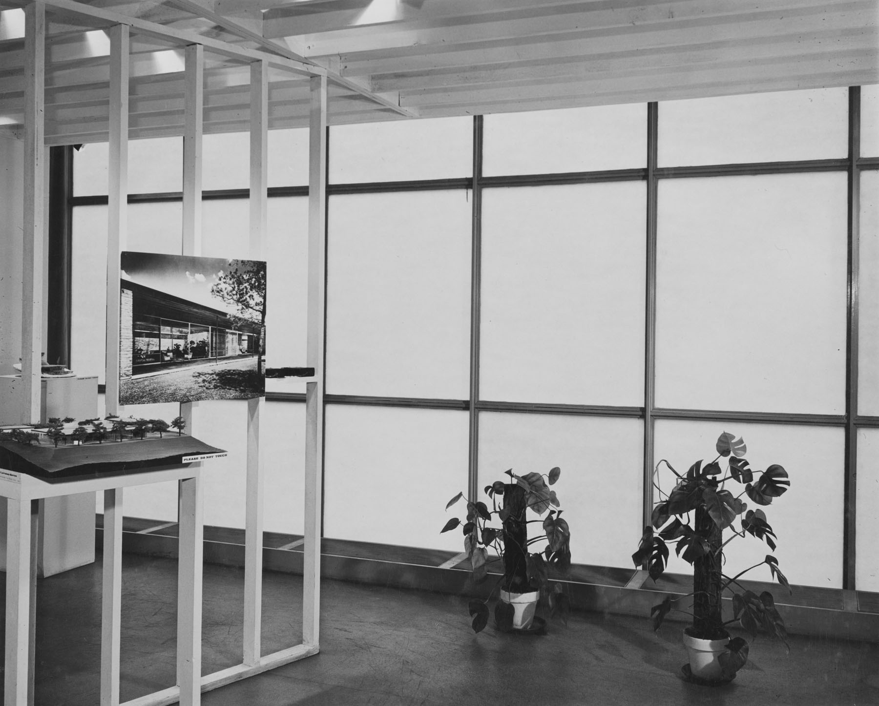 Black-and-white photo of a room with glazed windows, artwork on view, and potted plants on the floor.