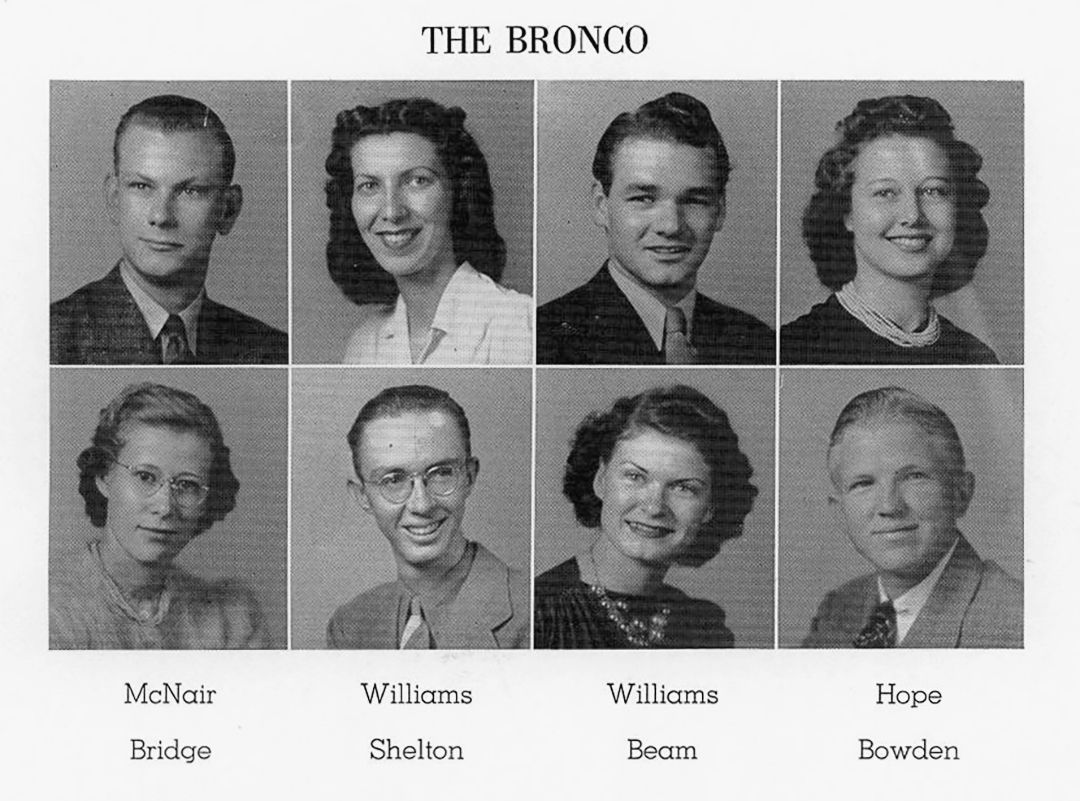 Black-and-white scan of headshots of four men and four women from a yearbook.