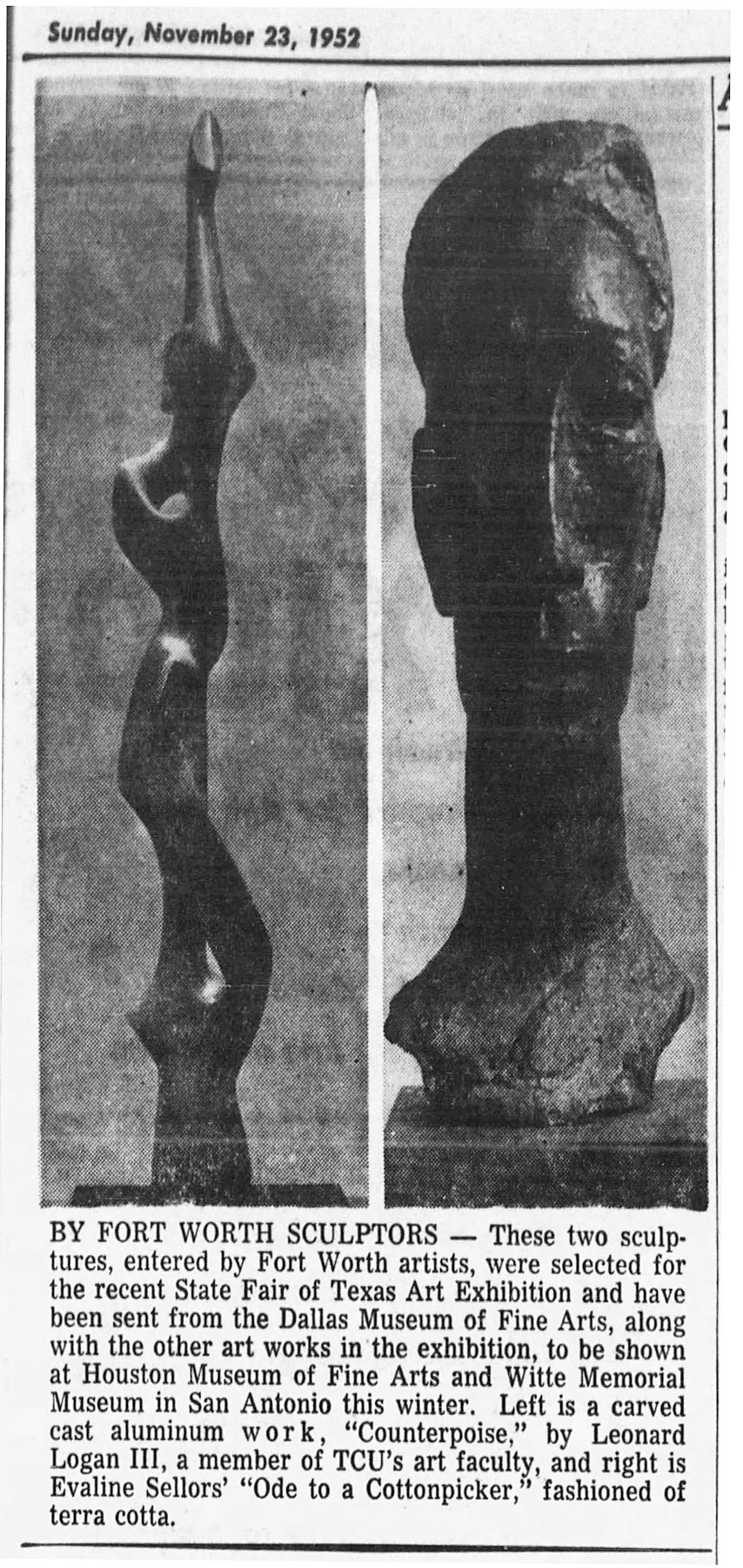 A newspaper clipping showing two photos of sculptures with text explaining where they will be exhibited.