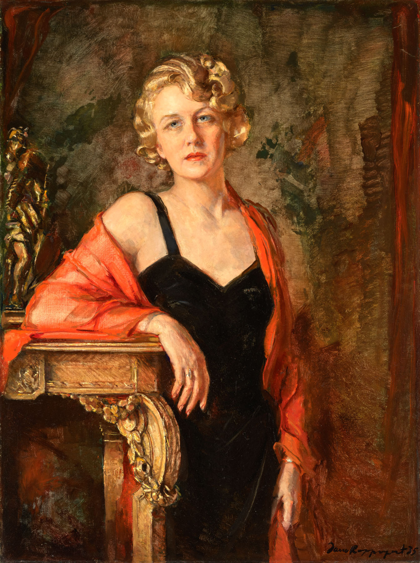 Painting of a woman wearing a black dress with a red shawl leaning on a fireplace mantel.