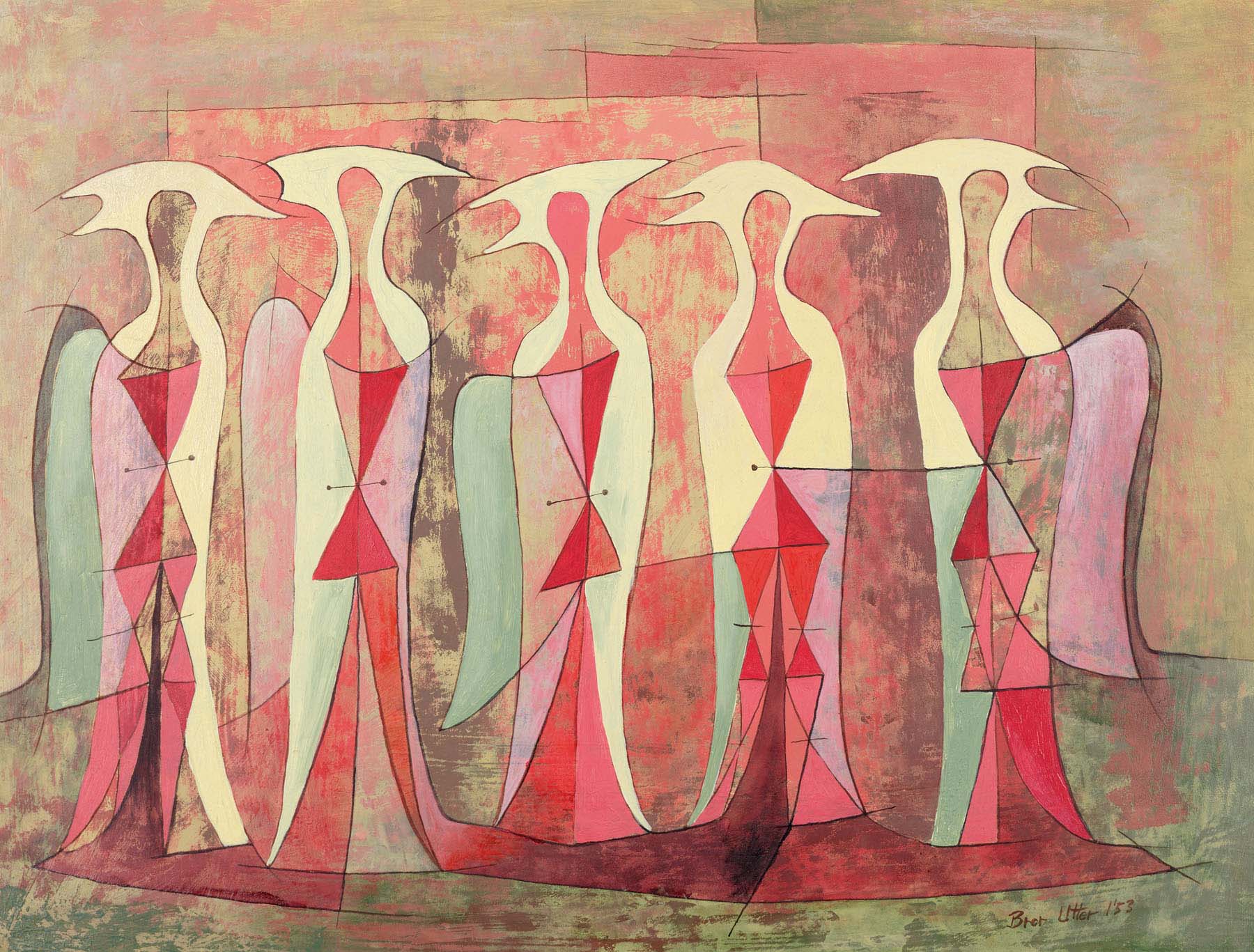 An abstract oil painting of five, soft colored bird-like figures standing side by side in landscape orientation.