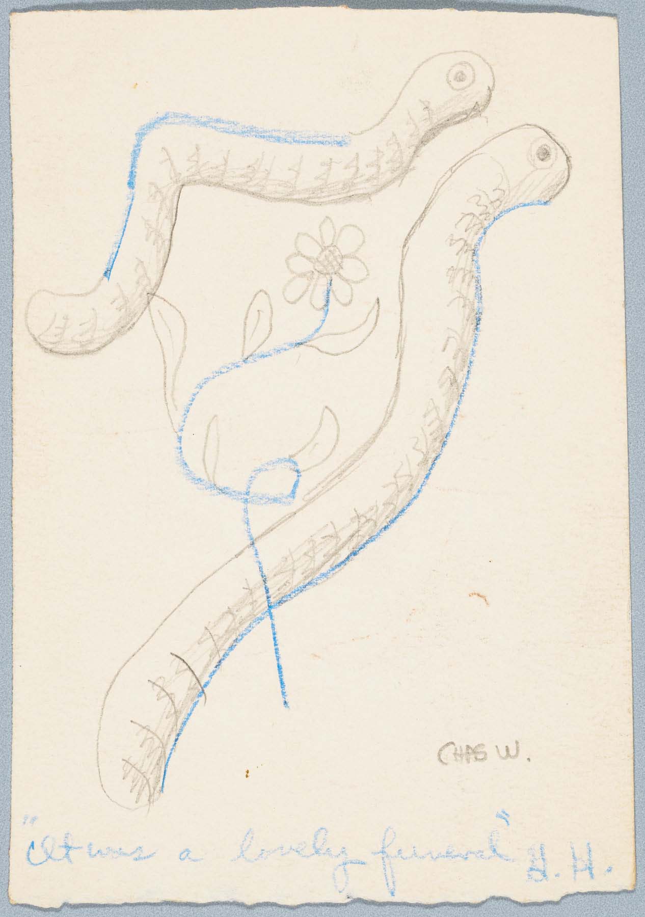 Graphite and blue colored pencil drawing of two worms and a flower above the words, “It was a lovely funeral.”