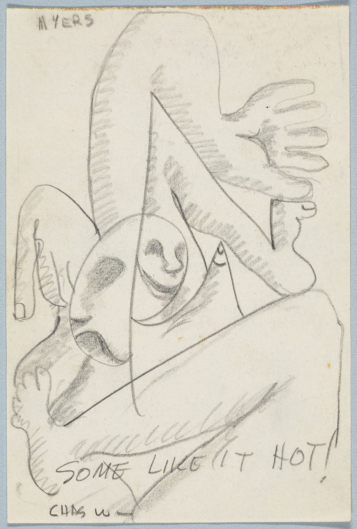 Abstract pencil drawing of a jumble of feet, hands, and faces above the words “Some like it hot!”