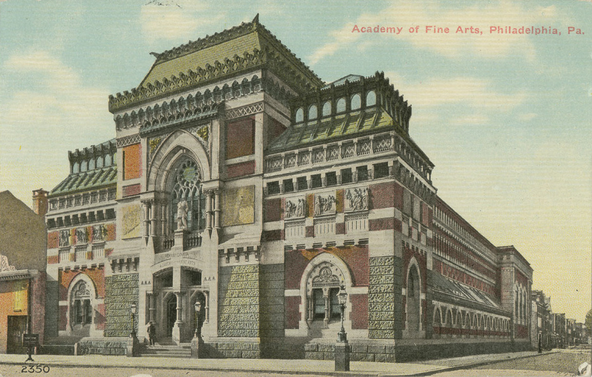 Color print of a gothic-revival style building with text in the upper right corner reading: “Academy of Fine Arts, Philadelphia, Pa.”
