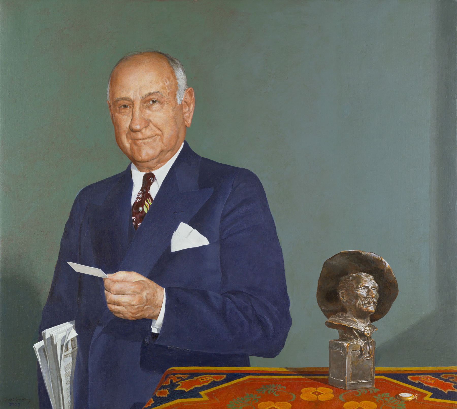 Painting of a man holding newspapers under his arm and standing next to a table on which sits a sculpture.